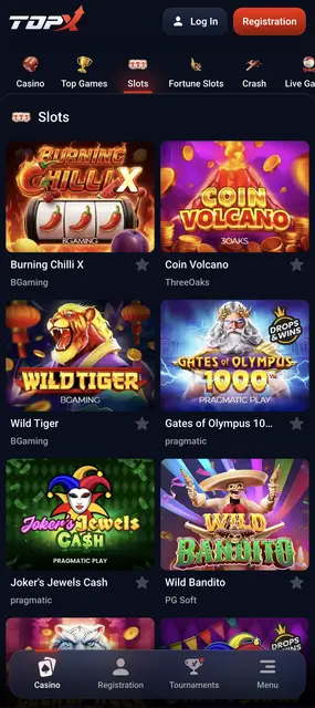 Pantalla de TopX: listado de tragamonedas de BGaming, Pragmatic Play y PG Soft